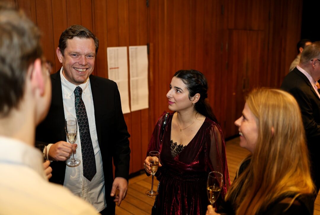 group of friends talking at event